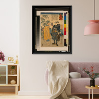 Historic Framed Print, [Man holding up a magnifying glass to look at the famous samurai swordsman Miyamoto Musashi],  17-7/8" x 21-7/8"