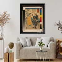 Historic Framed Print, [Man holding up a magnifying glass to look at the famous samurai swordsman Miyamoto Musashi],  17-7/8" x 21-7/8"