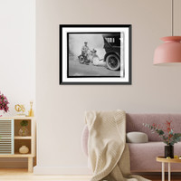 Police on motorcycle trailing car with smoke, 9/1/23 Classic, Vintage Print