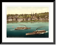 Historic Framed Print, Promenade and cathedral with two small steamers Lucerne Switzerland,  17-7/8" x 21-7/8"