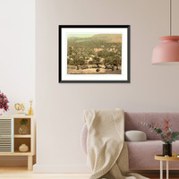 Historic Framed Print, Resort area with palm trees fountain hotel and promenade,  17-7/8" x 21-7/8"
