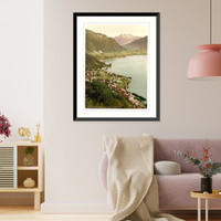 Historic Framed Print, Territet Chillon and Dent du Midi from Glion Geneva Lake Switzerland,  17-7/8" x 21-7/8"