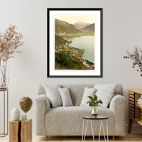 Historic Framed Print, Territet Chillon and Dent du Midi from Glion Geneva Lake Switzerland,  17-7/8" x 21-7/8"