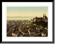 Historic Framed Print, The town general view showing the alps Neuchatel and the castle Switzerland,  17-7/8" x 21-7/8"