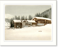 Historic Framed Print, Winter scene with log structure and sled,  17-7/8" x 21-7/8"