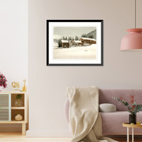 Historic Framed Print, Winter scene with log structure and sled,  17-7/8" x 21-7/8"