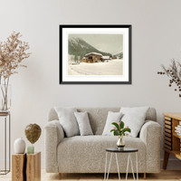 Historic Framed Print, Winter scene with log structure covered in snow,  17-7/8" x 21-7/8"