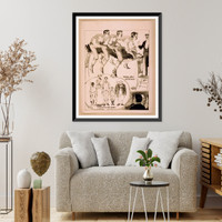 Historic Framed Print, [Hypnotist directing a group of people to do unusual things: men pretending to race while seated on man suspended between two chairs  and audience volunteering for military duty with brooms as rifles],  17-7/8" x 21-7/8"