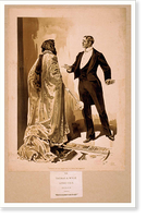 Historic Framed Print, [Man in tuxedo questioning woman in cloak & gloves],  17-7/8" x 21-7/8"