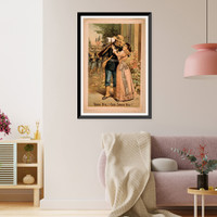 Historic Framed Print, [Man wearing military uniform holding rifle and embracing woman with troops in background],  17-7/8" x 21-7/8"