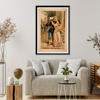 Historic Framed Print, [Man wearing military uniform holding rifle and embracing woman with troops in background],  17-7/8" x 21-7/8"