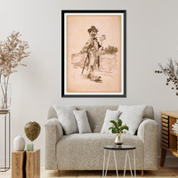 Historic Framed Print, [Tramp smoking cigar with cane over arm],  17-7/8" x 21-7/8"