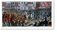 Historic Framed Print, [Union soldiers and band marching through a city street on their way to join the Civil War],  17-7/8" x 21-7/8"