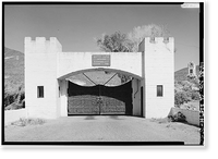 Historic Framed Print, Death Valley Ranch, Entrance Gates & Dungeon Apartment, Death Valley Junction vicinity, Inyo County, CA - 4,  17-7/8" x 21-7/8"