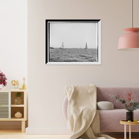 Historic Framed Print, Columbia setting spinnaker and Shamrock, after start,  17-7/8" x 21-7/8"