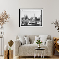 Historic Framed Print, Water Works Park, Detroit, lake with fountain,  17-7/8" x 21-7/8"