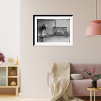 Historic Framed Print, Rice crew team in mock shells before mirror in crew house training,  17-7/8" x 21-7/8"