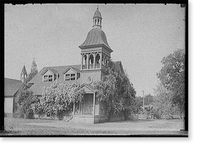 Church with dormered roof and cupola-topped bell tower, Antique Print
