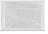 Interior of a log cabin with long dining tables, Vintage Wall Art