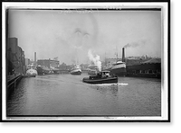 Chicago River scene with steamboat and industrial waterfront, Chicago, Antique Wall Art