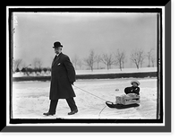 SKATING PARTY. UNIDENTIFIED MAN PULLING CHILD ON SLED, Vintage Wall Art