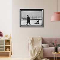 SKATING PARTY. UNIDENTIFIED MAN PULLING CHILD ON SLED, Vintage Wall Art