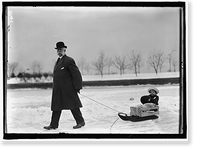 SKATING PARTY. UNIDENTIFIED MAN PULLING CHILD ON SLED, Vintage Wall Art
