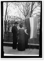 WOMAN SUFFRAGE. DAVID STARR JORDAN AND WIFE TALKING WITH WHITE HOUSE PICKET, Antique Poster
