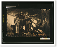 Soldier giving direction to a family amid chaos and destruction of war Classic, Antique Print