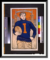 Historic Framed Print, [Football player with letter I on sweater holding football in front of Illinois Field]. Bristow Adams.,  17-7/8" x 21-7/8"