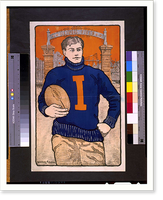 Historic Framed Print, [Football player with letter I on sweater holding football in front of Illinois Field]. Bristow Adams.,  17-7/8" x 21-7/8"