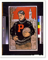 Princeton student with letter P on sweater half-length standing facing left holding football(?) with Princeton University behind him. John E. Sheridan, Vintage Print