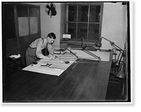 Historic Framed Print, Frank Albert, reducing a navigation chart to half the size with a pantograph,  17-7/8" x 21-7/8"