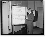 Map depicts significant story on pickup in American industry. Washington, D.C. March 30. Tow lines on this chart hanging in the office of Isador Lubin, Commissioner of Labor Statistics, U.S. Vintag