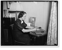 Washington D.C. July 27. Mrs. Claude Pepper, Wife of the Senator from Florida, doing her own secretarial work accepts an invitation to a social affair, 7/27/37, Historic Reproduction