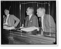 Listen to maritime troubles. Washington, D.C. Aug. 23. Chairman Joseph P. Kennedy, (left) and Commissioner Emory S. Land listen intently as maritime labor chiefs testify at the initial hearing of t