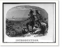Indians standing on shore looking at small boat apporaching from ship, Historic Reproduction
