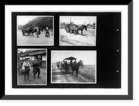 Transportation methods in Japan - Horse-drawn wagons, man pulling wagon, and horse pulling cars on tracks, Antique Print
