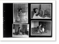 Woman taking bath in tub, woman lying down on head rest, woman looking in mirror, and woman arranging flowers in vase, Japan, Vintage Print