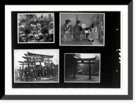 Statues of Buddha with offerings, two women at family altar; Shinto torii, torii and shrine, Japan, Vintage Wall Art