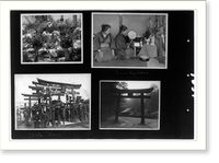 Statues of Buddha with offerings, two women at family altar; Shinto torii, torii and shrine, Japan, Vintage Wall Art