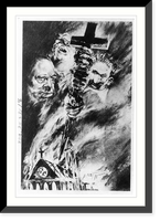 Cartoon of Churchill, F.D.R. & Stalin holding sword-crucifix above burning church, Historic Print