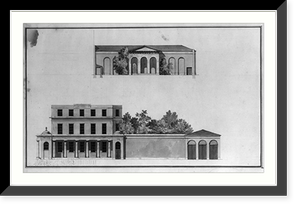Houses and a church (Buildings Erected or Proposed to be Built in Virginia"). East flank and stable elevations", Antique Poster