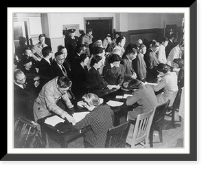 Historic Framed Print, Residents of Japanese descent registering for evacuation at the Wartime Civil Control Administration station, San Francisco, April, 1942,  17-7/8" x 21-7/8"