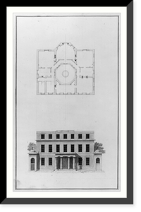 Houses and a church (Buildings Erected or Proposed to be Built in Virginia"). South front elevation and attic plan", Antique Print
