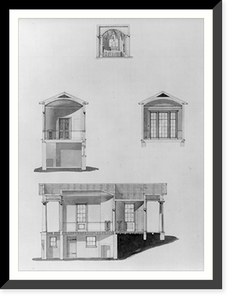 Houses and a church (Buildings Erected or Proposed to be Built in Virginia"). Lodge - Sections showing interior elevation", Vintage Print