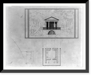 Houses and a church (Buildings Erected or Proposed to be Built in Virginia"). Spring house - elevation and plan", Vintage Print