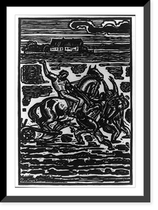 Battle between a man on a horse and men working in a plowed field Classic, Antique Print