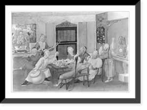 Musicians accompany a group of men eating Classic, Historic Reproduction
