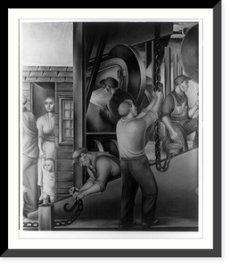 Composite scene - worker leaving house with wife and children in doorway; shipyard workers doing variety of jobs. Camden, N.J.?, Vintage Poster